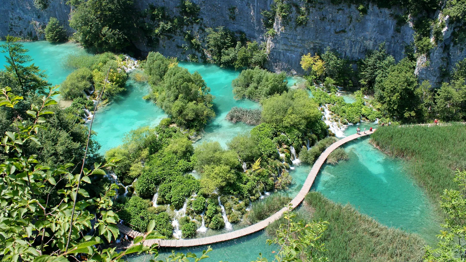 Aerial view of the Plitvice Lakes and boardwalks on a day trip from Split